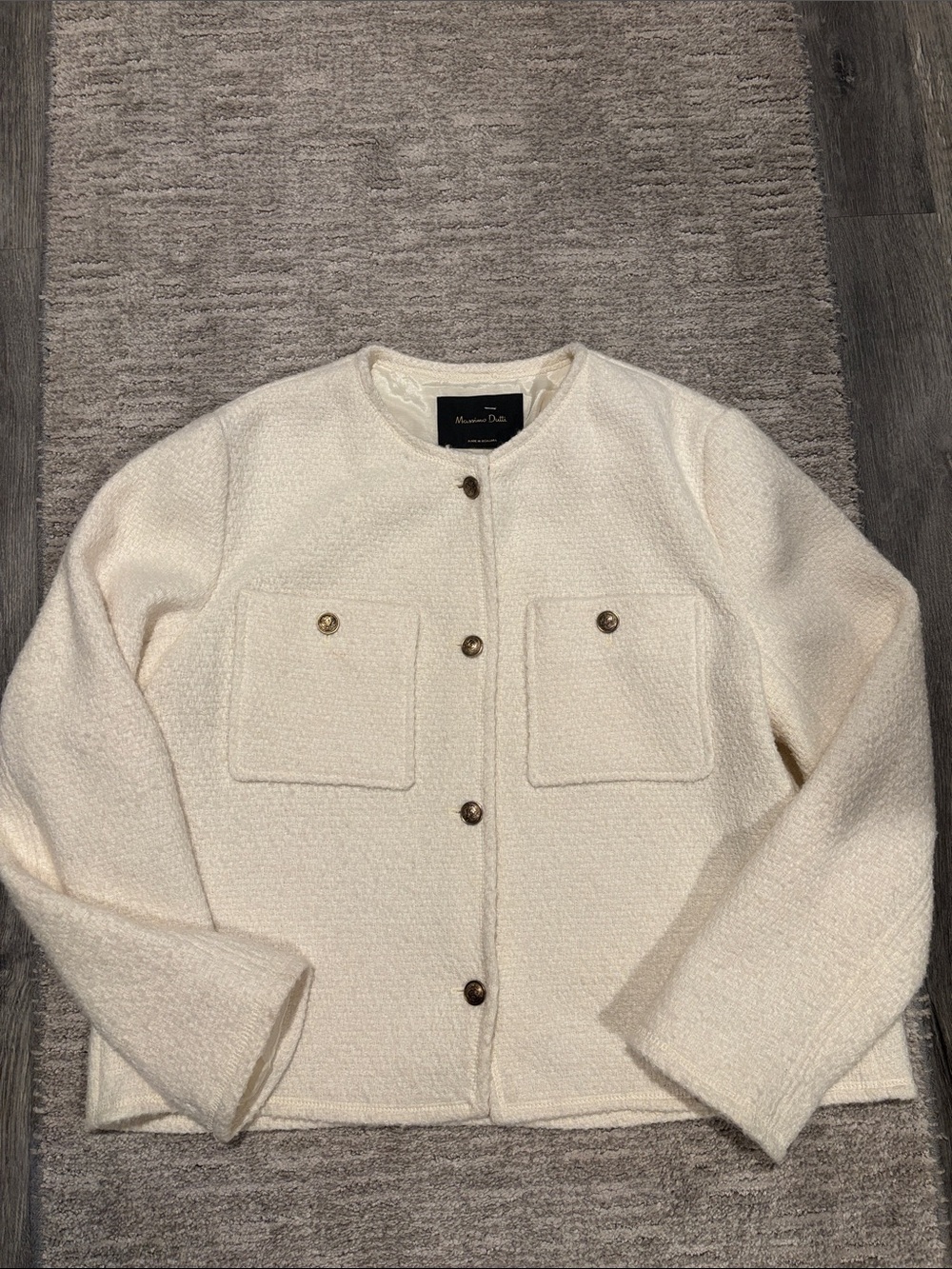 Massimo Dutti Ivory Bouclé Round-Neck Jacket size L - Picture 2 of 7